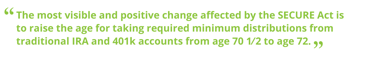 Decorative Text to emphasize the quote: “The most visible and positive change affected by the SECURE Act is to raise the age for taking required minimum distributions from traditional IRA and 401k accounts from age 701⁄2 to age 72.” 
