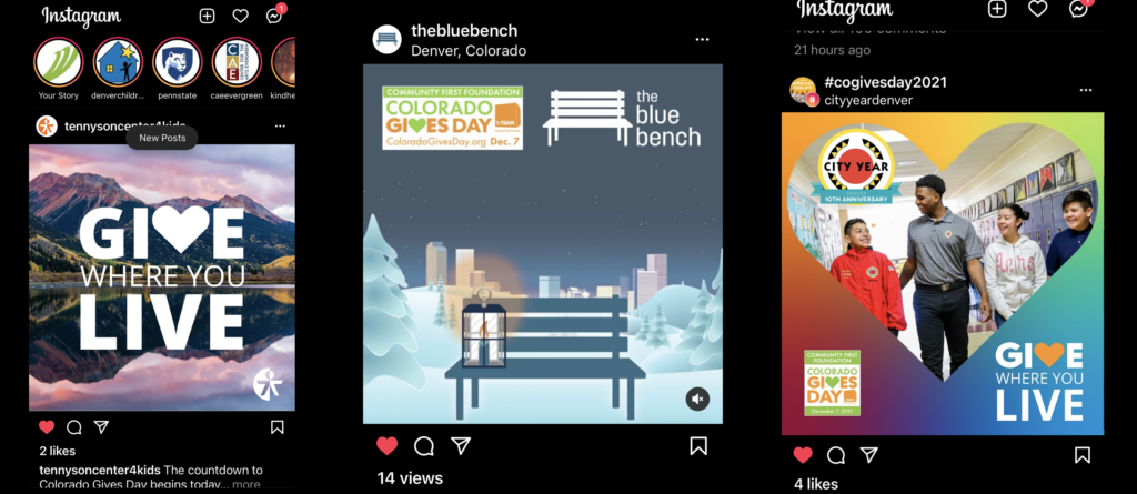 screenshots of Instagram posts using the Colorado Gives Day graphics