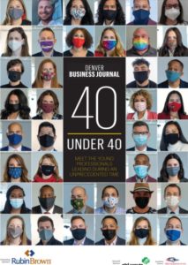 Photo of the DBJ 40 under 40 publication cover with a variety of portraits of the winners in masks. 